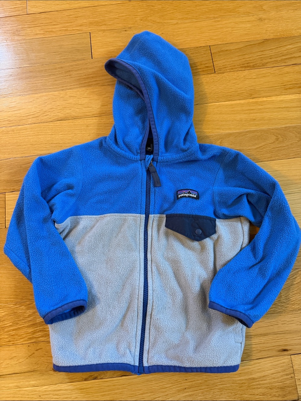 Patagonia Kids Bright Blue and Light Gray Hooded Fleece Zip Jacket
